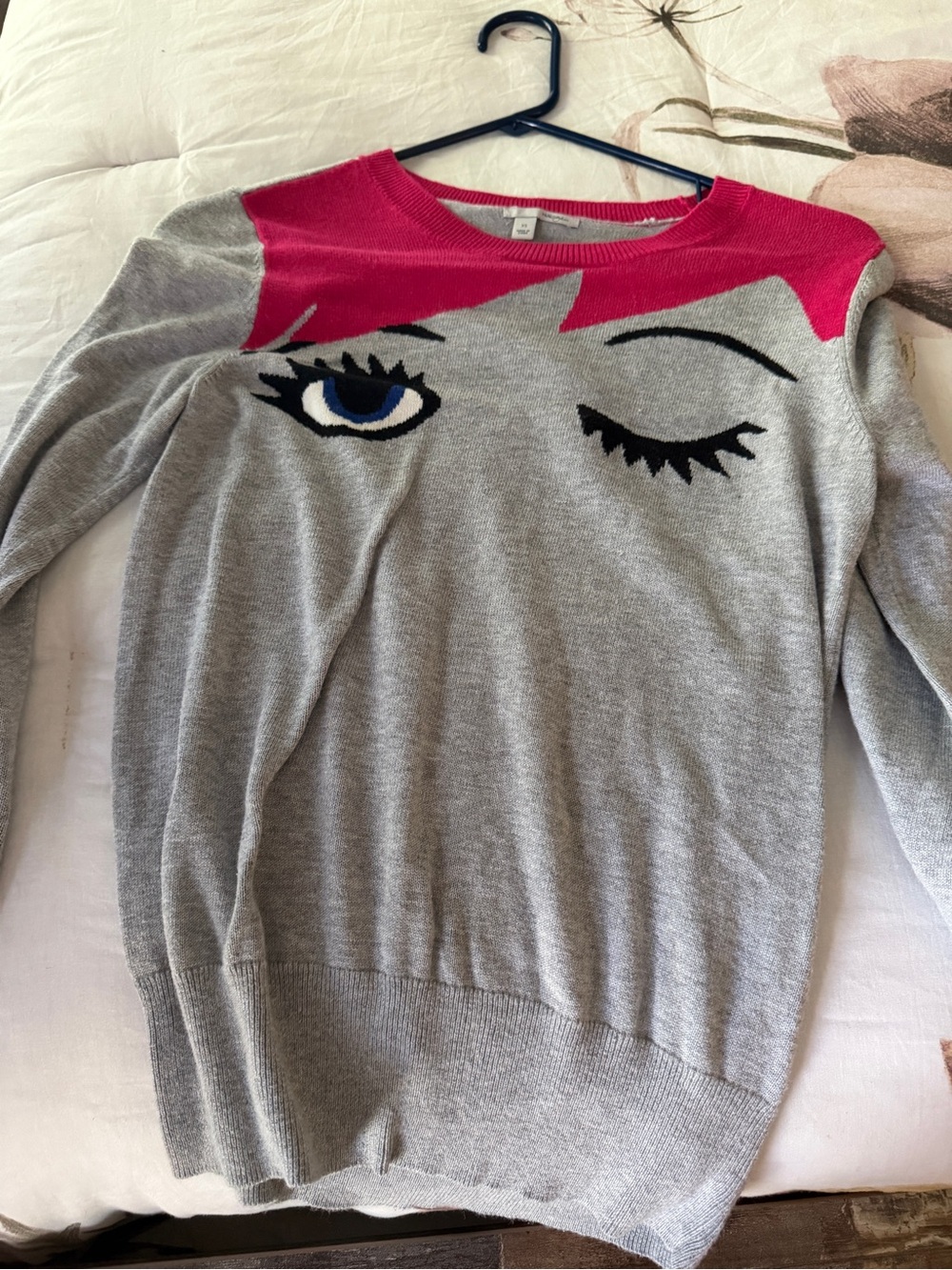 Halogen Gray Sweater with Pink Yoke and Winking Face